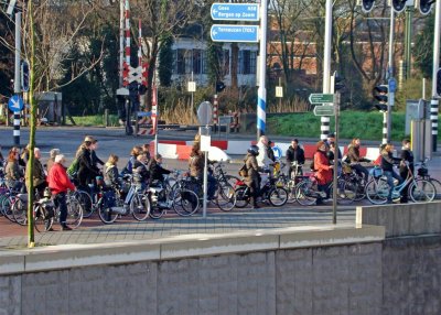 Cyclists wait for the bridge to come down so they can get to work and school
