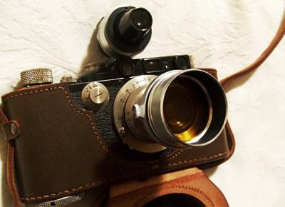 Leica III (F) in original case, 50mm Elmar and Fison hood