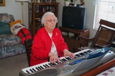 Ruth at Her New Keyboard in Her Mason City, Iowa, Apartment 2-27-2006