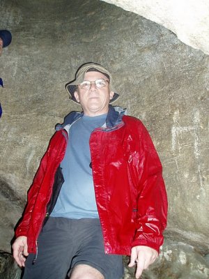 John inside an overturned hollowed out Bell Rock