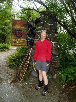 Sherri at the 33.5 mile marker at Sandfly Point