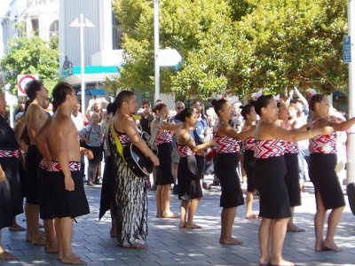 Traditional Maori song performance in Christchurch square
