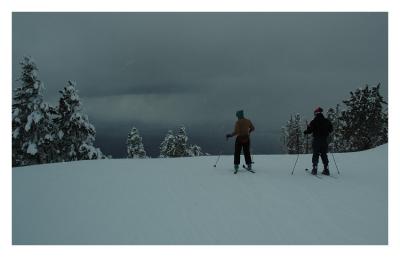 Skiing down from the top of the mountain