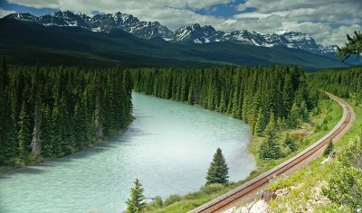 Bow Valley Parkway, Bow River and the Canadian Pacific Railway at Morant's Curve from Bow Valley Parkway