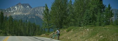 Pyramid Mountain and cyclist from Icefields Parkway