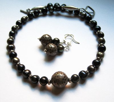 chocolate freshwater pearls and Thai silver necklace and earrings