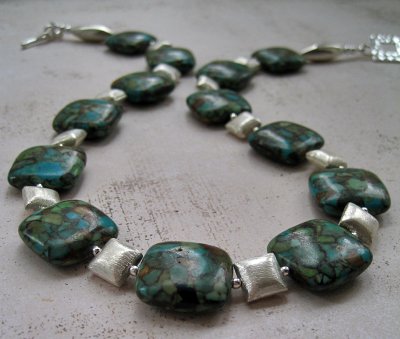 Mosaic turquoise and brushed sterling silver necklace