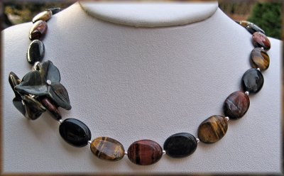 Blue, red and yellow tiger eye and sterling silver necklace
