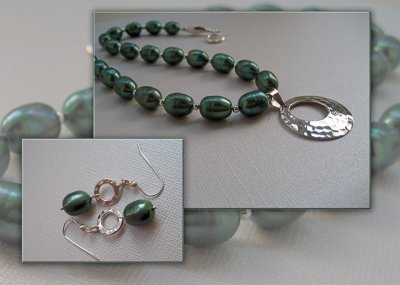 Green pearl and Thai silver necklace with sterling silver pendant; pearl and Thai silver earrings