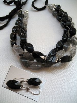 Black onyx, cloudy quartz and Bali sterling silver necklace on handmade silk ribbon; black onyx and Bali SS earrings