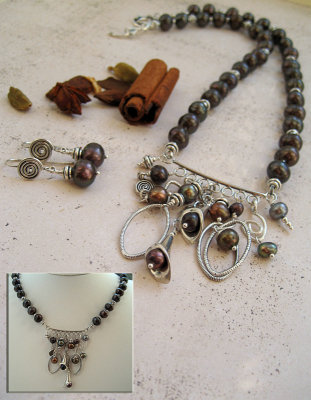 Chocolate freshwater pearls and sterling silver necklace and earrings