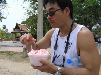 johnny and shave ice with condensed milk and azuki beans