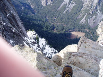 Straight down.  Note boot