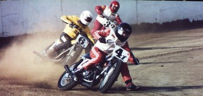 Doyle racing Flat track on his Bultaco in 3rd place  at West, Tx 1/4 mile short track 1974.jpg