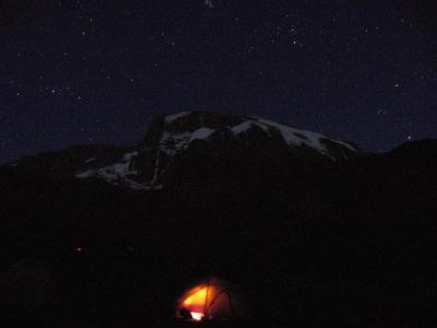 Summit, tent, starry sky.