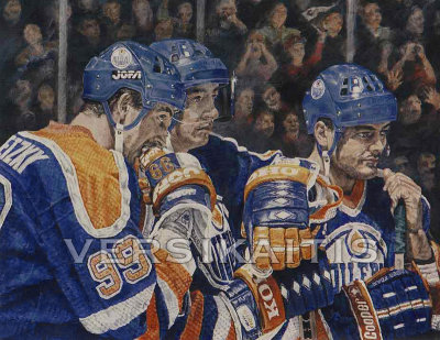 This is a 16 x 20, Acrylics on Canvas painting. 
Original owned by the artist and signed by Wayne Gretzky.

Displayed at The Rosscos Pub,
115 3215 Dunmore Road  S.E.  Medicine Hat, Alberta
All Images copyrighted by Versikaitis- The Art of Sport.
For pricing and to email Joe  Click here .