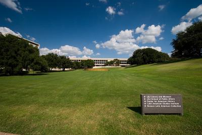 The lawn in front of the LBJ fountain.