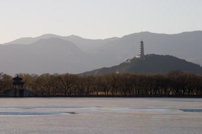 Looking across Kunming Lake to the tower of Fragrance Hill in the distance.