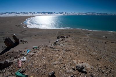 The lake from above with a mountain range to the south.