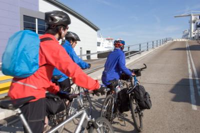Cycling up the ramp to board the ferry to Calais. Cyclists were first to embark.