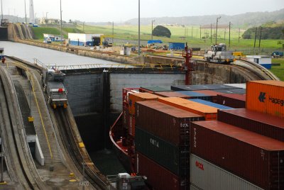 The lock's gates are starting to open for the cargo ship