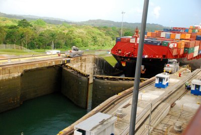 The lock's gates are starting to open for the cargo ship