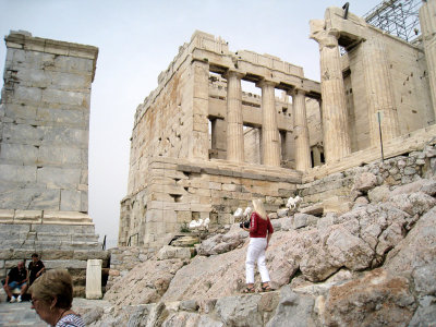 Rene climbing through the ruins at the Acropolis