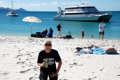 Rene enjoying a beautiful winters day at Whitehaven Beach Great Barrier Reef