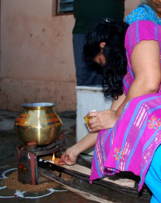 Lighting the stove on Pongal Day