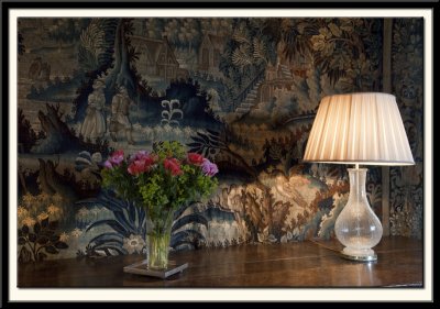 Flowers, Wood, Lamp & Tapestry