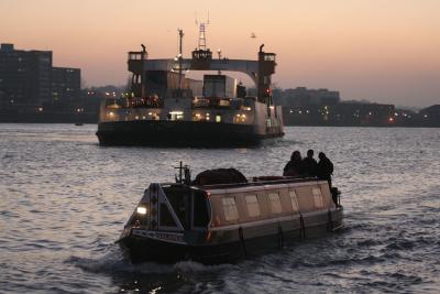 NB Galatea in close proximity to a ferry!