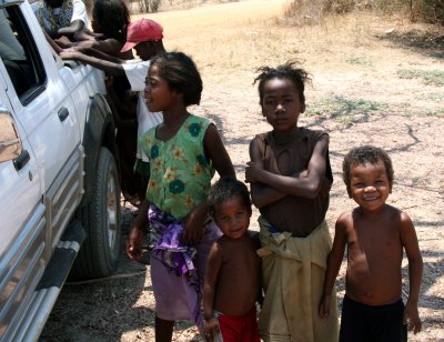 Children checking out our truck on the road to Kirindy