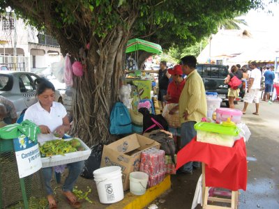food vendors everywhere, she is peeling mangos