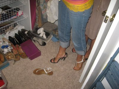 Emily trying on the 70's shoes