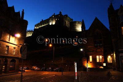 Looking up to the Castle from the Grassmarket, Edinburgh.