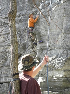 Mike climbing, Logan belaying