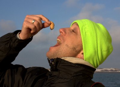 Richard with a freshly boiled mussel