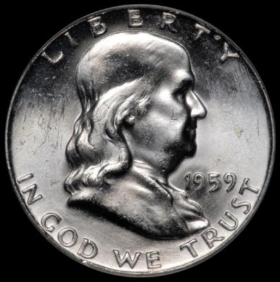 1959 Franklin Half Dollar PCGS MS 64 FBL obv
