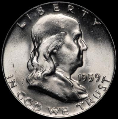 1959-d Franklin Half Dollar PCGS MS 64 FBL obv