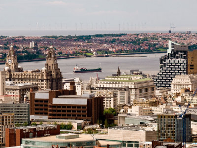 Liver Building and Burbo Bank wind farm from cathedral tower