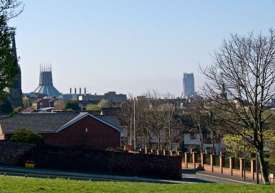 Slightly unusual view of the two Liverpool Cathedrals taken from Everton April 2009