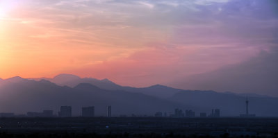 the las vegas [strip] skyline at sunset