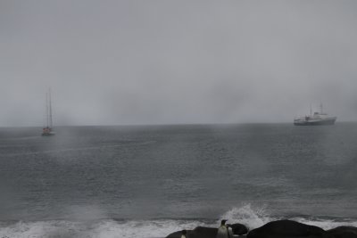 A small sail boat leaving the scene