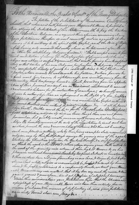 Petition for Religious Freedom October 27 1785