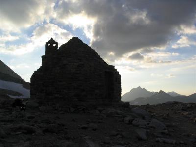 The Muir  Shelter backlighted at sunset