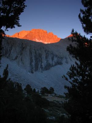 Sunrise on north side of Forester Pass, at the last campsite sheltered with trees