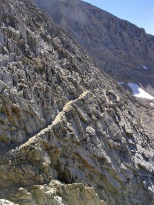 The switchbacks carved into the rock face on the south side of Forester Pass. Don't cut the switchbacks!