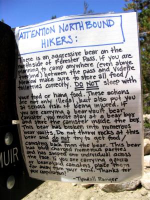 Ranger's note left at Tyndall creek crossing warning me about the big bad bear I had met the night before