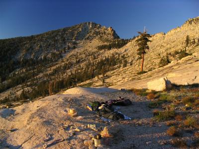 My campsite in Rattlesnake cirque with a sunset view of Thompson peaks south face