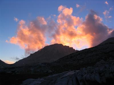 Clouds, light, sunset, rock, Mt Hilgard from camp on Lake Italy